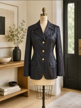 STUNNING Vintage Black Shimmer Blazer Gold Lion Crest Buttons par D’Oraz P2P 19”